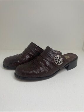 Brighton Andy Mocca Granola Dark Brown Woven Leather Mule with Silver Medallion
